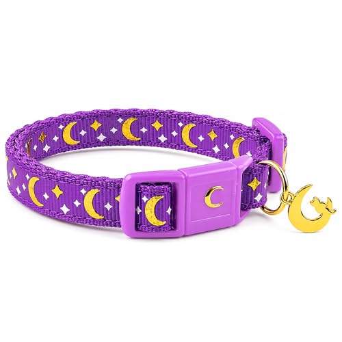 Image of WAAAG Cat Collars, Gold Moons and Stars Cat Collar, Safety Breakaway Cat Collar, Glow in The Dark (Kitten 6.5 inch-10 inch Neck, Purple)