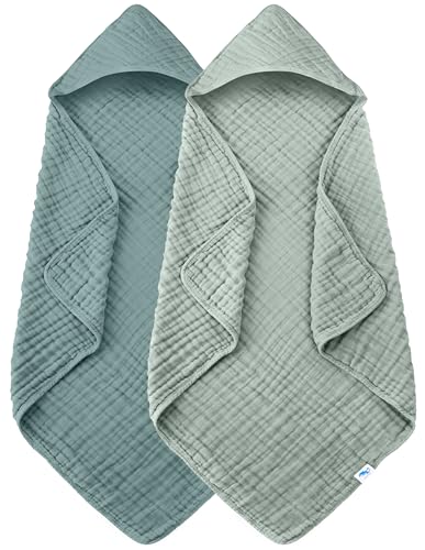 Image of SWEET DOLPHIN Muslin Hooded Baby Bath Towels - 2 Pack 100% Cotton Towel for Babies, Infants, Toddlers - 32x32Inch - Highly Absorbent and Newborn Essential, Light Emerald