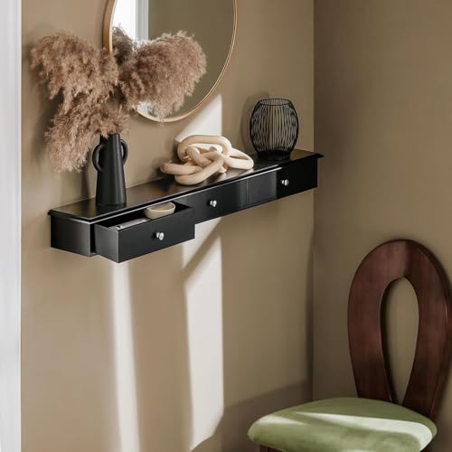 Image of Sabri SHOPEE Wooden Wall Cabinet with Drawers for Storage Floating Wall Shelf with Hidden Storage for Home Kitchen Office and Living Room (Black, • 93W x 15D x 10H cm (3 Drawers))