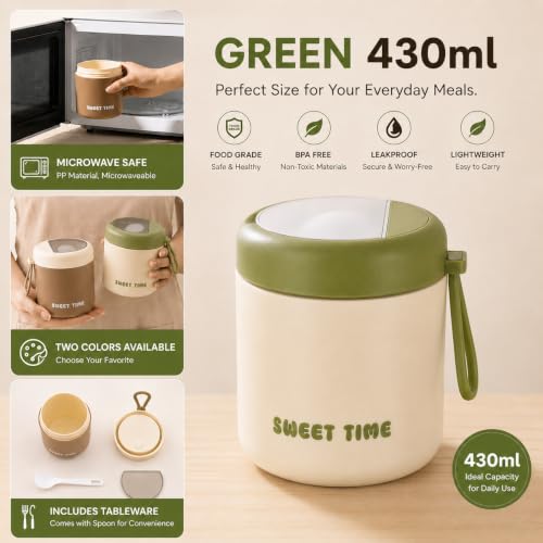 Image of Portable Food Container 430ml with Spoon | Silicone Sealed Lid & Pressure Release Vent | Compact Lunch Pot with Carry Loop for Snacks Meals Office School & Travel - White