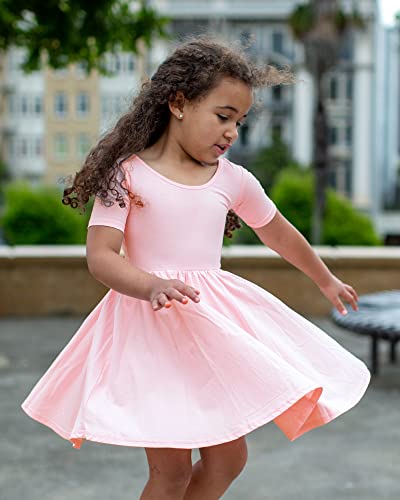 Stelle Toddler/Girls Short Sleeve Casual A-Line Twirly Skater Dress For School Party 3-12 Years(Pink-7 Years) #TOP1
