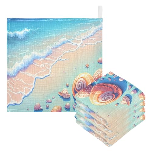 Kigai Beach Starfish and Shells Baby Washcloths,5pcs Ultra Soft Absorbent Towel,Newborn Bath Face Towel, Natural Reusable Baby Wipes for Sensitive Skin, Baby Registry as Shower