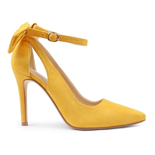 Image of COLETER Womens Back Bow D'Orsay Pumps Pointed Toe Ankle Strap Wedding Heels | 4 Inch Stiletto Heels, Adjustable Ankle Strap, Back Bow Pumps, Formal Evening Bridal Shoes