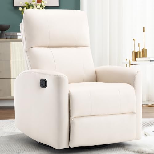 Image of HAOMARKETS Swivel Rocker Recliner Chair, Manual Fabric Glider Rocking Recliners for Adults, 360 Swivel Nursery Reclining Sofa with Padded Backrest for Living Room, White