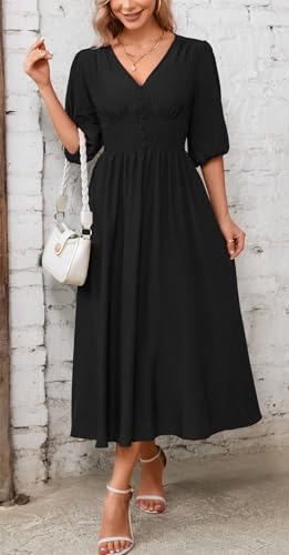 Image of Kormei Women Casual Boho V Neck 3 /4 Sleeve Smocked Waist A Line Flowy Swing Midi Dress Smocked Long Dress