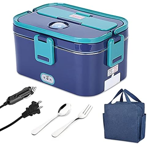 KINBEDY Electric Lunch Box Food Heater 2 in 1 Portable Heated Lunch Box 1.8L 60W Fast Food Warmer for Car/Truck/Home/Office 12V /24V /110V -Blue Cover