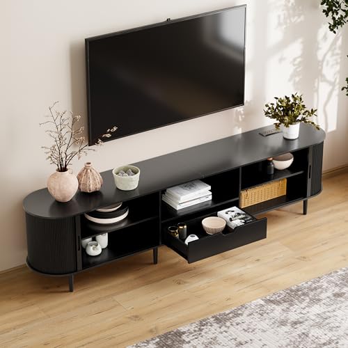 Image of DHH 86.6 inch Fluted TV Stand with Power Outlet for TVs up to 90 inch, TV Console with Adjustable Shelves and Sliding Door,Mid Century Modern Entertainment Center for Living Room,Bedroom (Black)