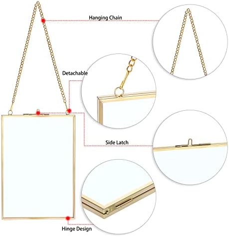 SUMNACON Set of 2 Golden Glass Hanging Picture Frame Artwork Display Frame, Wall Mounted Hanging Photo Display Frame with Chain, Decorative Hanging Frame for Picture, Artwork (Vertical, 5 * 7 inch)