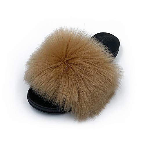 Image of Women's Faux Fur Slides Slippers Fluffy Fuzzy Sandals Open Toe Furry Slide Flip Flop Indoor Outdoor