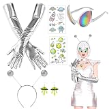 MUNSKT - Disfraz de extranjero para mujer, 6 piezas, disfraz de alienígena, incluye pendientes, gafas, guantes de círculo para el pelo y pegatinas para Halloween y noche en T