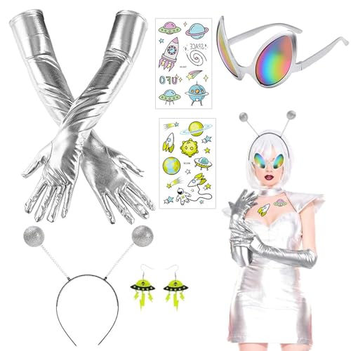 MUNSKT 6 PCS Alien Costume Accessories Alien Headband with Glasses Gloves Earrings Glasses Stickers Glitter Set Glitter for Halloween Women Cosplay Carnival Dress up
