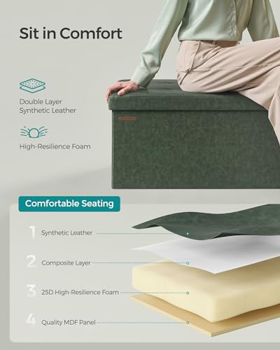 Image of SONGMICS Mazie Collection - 43 Inches Folding Storage Ottoman Bench, Ottoman with Storage, Foot Rest Stool, Load 660 lb, for Living Room, Synthetic Leather, Forest Green ULSF070C01