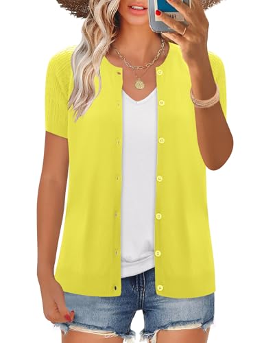 Image of FreshNight Women's 2025 Short Sleeve Cardigan Button Up Hollowed Out Crewneck Shrug Sweaters Knit Sweater Tops Lightweight