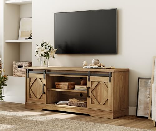 Image of WAMPAT Farmhouse Style TV Stand for 55-65 inch TV w /Distressed Wood Finish