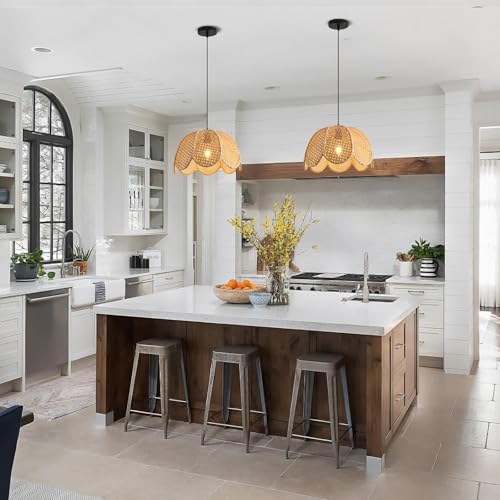 Image of Boho Pendant Light Fixture Bamboo Hanging Light Rattan Pendant Light Woven Wicker Shade Rattan Chandelier for Dining Living Bedroom Kitchen Farmhouse (Bulb not Include) (Lotus)