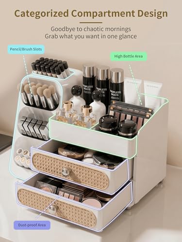 Image of Booklov Makeup Organizer for Vanity, Large Capacity Cosmetic Display Case with Drawers, Countertop Beauty Storage Holder for Skincare, Brush Eyeliner Perfume Eyeshadow Lipsticks, Counter Desk, White