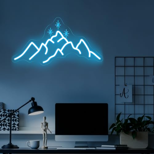 Image of ACOTAR Neon Sign Mountain With Star LED Light Book Lover Gift | Starry Mountain Reading Nook Decoration USB Powered Dimmable Bookish Home Wall Room Deocr Ice Blue 17.7 inchx9.3 inch