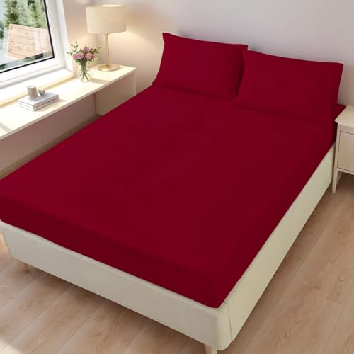 Etrexonline Conjunto de Sábanas 4 Piezas Cama 150 cm - Microfibra Ultra Suave Incluye 1 Bajera 150x200+28 cm, 1 Encimera 230x270 cm, y 2 Fundas de Almohada 50x90 cm - Color Granate Liso