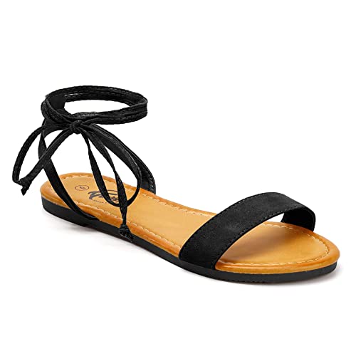 Trary Women's Lace Up Open Toe Strappy Sandals, Ankle Wrap Flat Dressy Tie Up Summer Footwear