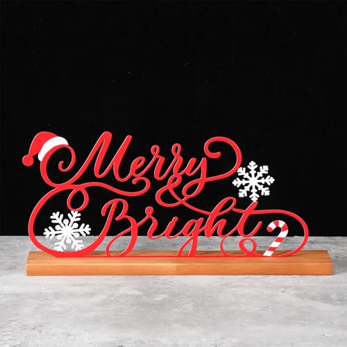 Teenyyou Christmas Table Decoration Merry Bright Christmas Metal Word Sign Merry Bright Table Centerpiece Xmas Party Decor Gift with Wooden Base for Holiday Tabletop Desk Decoration