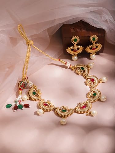 Image of Rubans Necklace Set Gold Plated Traditional Stylish Jewellery Gift for Women & Girls