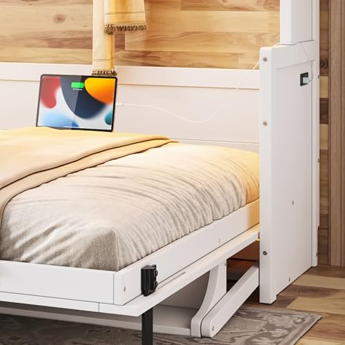 Image of KEIKI Queen Size Horizontal Cabinet Murphy Bed with Desk, Solid Slat, White | Foldable Hideaway Wall Bed Frame with USB Charging Station, No Box Spring Needed, Easy Assembly, for Bedroom, Guest Room