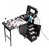 Mesa De Manicura con Ruedas, Estuche Portátil Plegable con Ruedas, Estuche De Tren Carro Cosmético, con 4 Cajones Espejo Altavoz Mesas De Uñas, para Viajes De Salón con Cerradura (Negro)