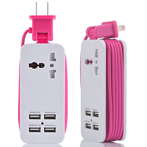 USB Power Strip, Portable Travel Charger Outlets 2.1AMP+1AMP 21W 1.5M/5ft Power Supply Cord with Universal Plug Wide Range Input 100v-240v Power Sockets USB charger station 4 Port USB Charger (Pink)