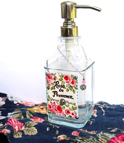Elegant Vintage Glass Soap Dispenser with Hand-Painted Pink Roses and French Perfume Label for Shabby Chic Bathrooms - Image 3