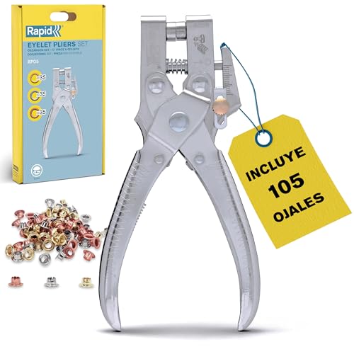 Rapid RP05 Tenaza para ojales con perforador integrado y 105 ojales de 4mm para cuero, lona, zapatos; Fabricada en metal resistente (5001723)