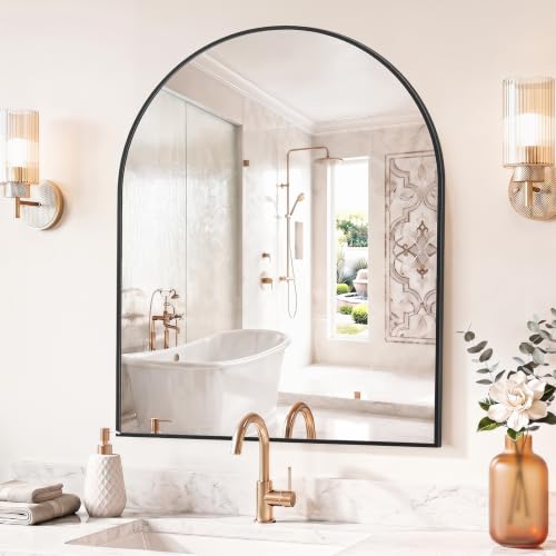 Image of Sweetcrispy 30 inchx38 inch Arched Black Bathroom Mirror, Bathroom Mirrors for Over Sink, Modern Wall Mirrors Arch Decorative for Entryway, Bedroom, Vanity,Horizontal or Vertical Hanging