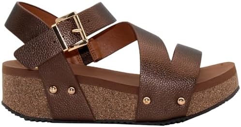 VOLATILE Women's Multi Strap Sandal Wedge, Bronze, 9 | Image 2