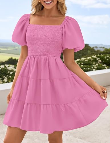 Image of ZESICA Women's Boho 2026 Summer Square Neck Puff Sleeve Off Shoulder Smocked Tiered Casual A Line Short Mini Dress