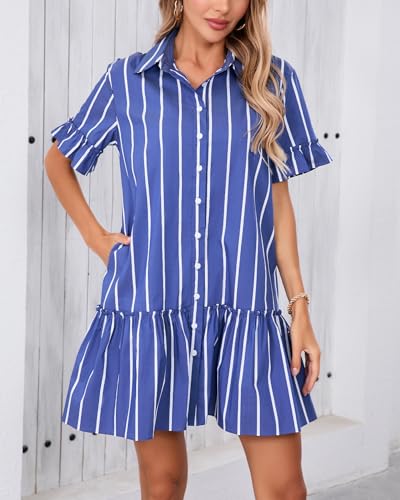 Women's Cotton Linen Ruffle Mini Dress Short Sleeve Button Down Drop Waist Tunic Shirt Dress4