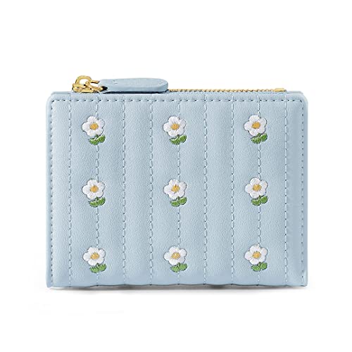 Meisee Small Wallet For Girls Women Tri-Folded Wallet Cash Pocket Card Holder Coin Purse With Id Window Elegant Youthful And Cute- -Flowers-Blue #TOP12