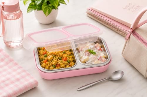 Image of Bento Lunch Box 550ml, Stainless Steel Lunch Box with 2 Compartments & Spoon, Microwave Safe BPA Free Tiffin Box, Leak Resistant Lunch Box for Kids & Adults, Office, School & Travel Pink