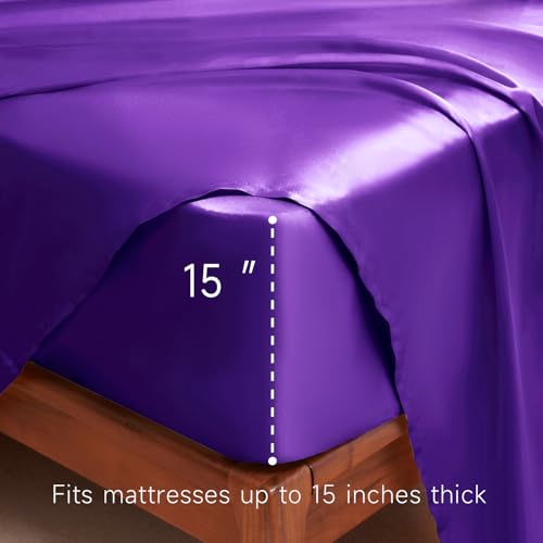 Parure de lit satin violet foncé 4 pièces drap housse matelas épais drap plat