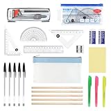 24 PCS Maths Set, Protractor And Compass Set Geometry Sets Back To School Stationery Set Including Pen, Ruler, Protractor, Compass, Eraser and Sharpener, Post-it Notes, Pencil Case for School