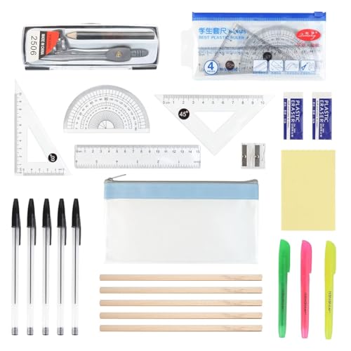 LUCKNIGHT - 24 PCS Maths Set, Protractor And Compass Set Geometry Sets Back To School Stationery Set Including Pen, Ruler, Protractor, Compass, Eraser and Sharpener, Post-it Notes, Pencil Case for School