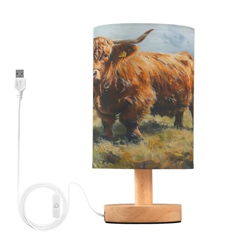 SDMKA Highland Cattle Pattern Bedside Table Lamp for Bedroom, Minimalist Nightstand Lamp with Round Fabric Shade for Living Room, Office, No Bulb Required