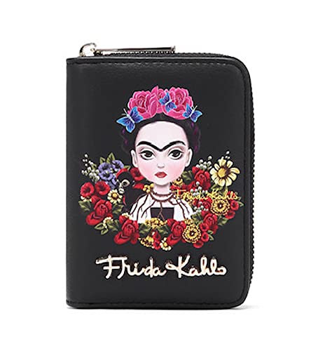 Frida Kahlo Cartoon Flower Collection Cute Zip Wallet (Black)