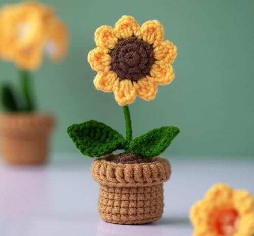 Image of Artificial Crochet Flower Bouquet Handmade Cotton Flowers Bunch for Home Decor, Gift for Girls, Wedding, Festival Decoration, Long Lasting Floral Arrangement (Sunflower Crochet Pot)