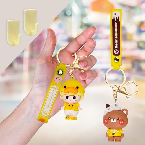 Toyshine 2Pc Kawaii Keychains Set Cute Girl wear Duck Suit & Happy Bear combo along with Holder Accessories, Backpack Car Key Chain for Boy Girl