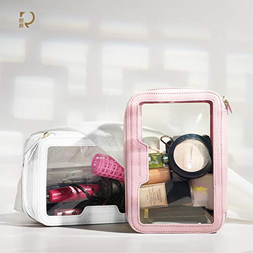 Rownyeon Clear Makeup Case Toiletry Bag Multipurpose Travel Makeup Train Case Portable Cosmetic Organizer Transparent Storage Bag Pink