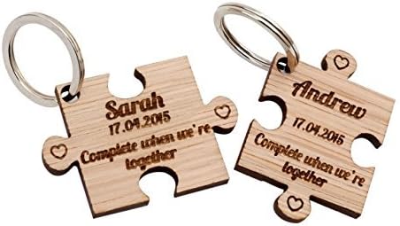 2 x Personalised Jigsaw Puzzle Piece Wooden Keyrings Each Engraved with a Name & Date by AYOT