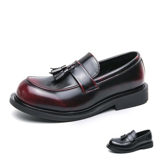 Men's Leather Tassel Slip-On Low Block Heel Loafers Fashion Comfortable Luxury Round Toe Low Top Chunky Low Heel Penny Loafers Casual Work Office Business Dress Shoes