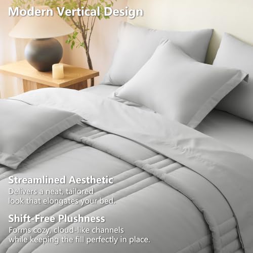 Image of CozyLux Queen Comforter Set Light Grey - 7 Pieces Bed in a Bag, Modern Vertical Quilted Room Decor, Soft All-Season Bedding Gift with Comforter, Sheets, Pillowcases & Shams