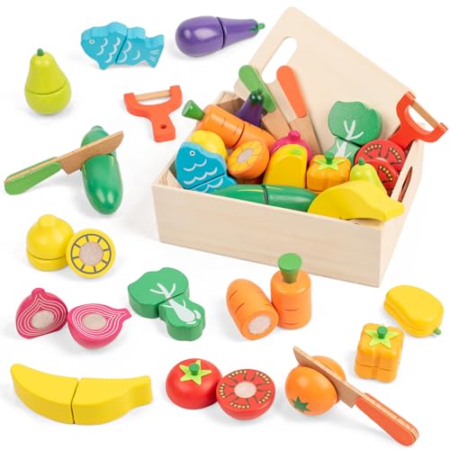 FMSKS Wooden Play Food:Wooden Food For Play Kitchen Fruit And Veg Toys For Kids Kitchen Wooden Kids Kitchen Play Set with Velcro Connections Educational Toys Role-Playing Toys Educational Gifts