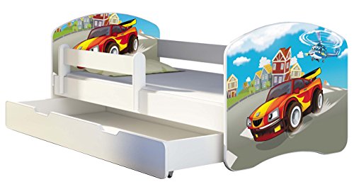 ACMA Kinderbett 140x70 Jugendbett mit Einer Schublade und Matratze, Rausfallschutz, Lattenrost Weiß, stabil, Kinderzimmer Bett, Jugendmöbel Design 03 Racing Car