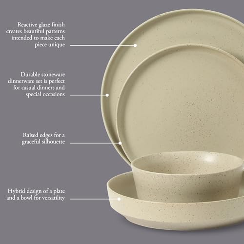 Image of Gibson Elite Overbrook 16-Piece Pottery Clay Stoneware Dinnerware Set - White Reactive Glaze, Stackable Plates and Bowls w /Pasta Bowl, Service for 4 - Microwave & Dishwasher Safe